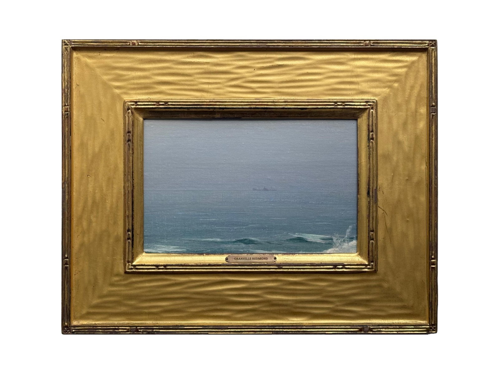 ATTRIBUTED GRANVILLE REDMOND SEA OIL PAINTING: This oil on board painting, attributed to California artist Granville Redmond, depicts a serene maritime seascape captured in a muted, tonalist palette. The composition illustrates low swells breaking