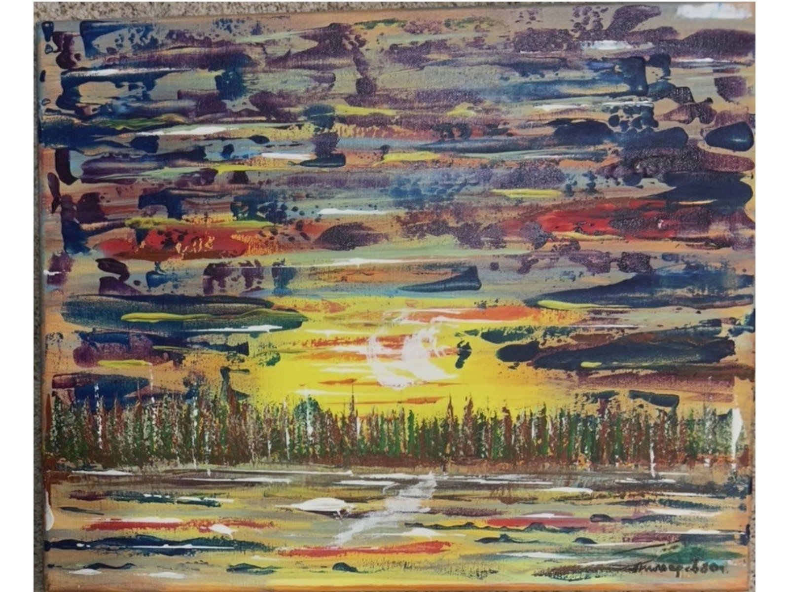 ANATOLII LYMARIEV STOLEN SUNRISE REVISITED ACRYLIC PAINTING: A bold, highly abstracted landscape by prominent Ukrainian expressionist Anatolii Lymariev. Executed in 1980, the painting utilizes an aggressive palette-knife or scraping technique to drag thick, hor