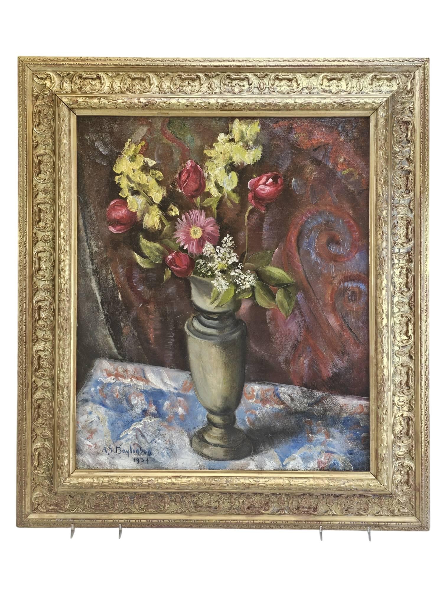 ABRAHAM BAYLINSON RUSSIAN MODERNIST OIL STILL LIFE 1934: This vibrant original oil on canvas still life by Abraham Solomon Baylinson (Russian/American, 1882-1950) showcases the artist's bold Modernist style. Painted in 1934, the composition features a grey 