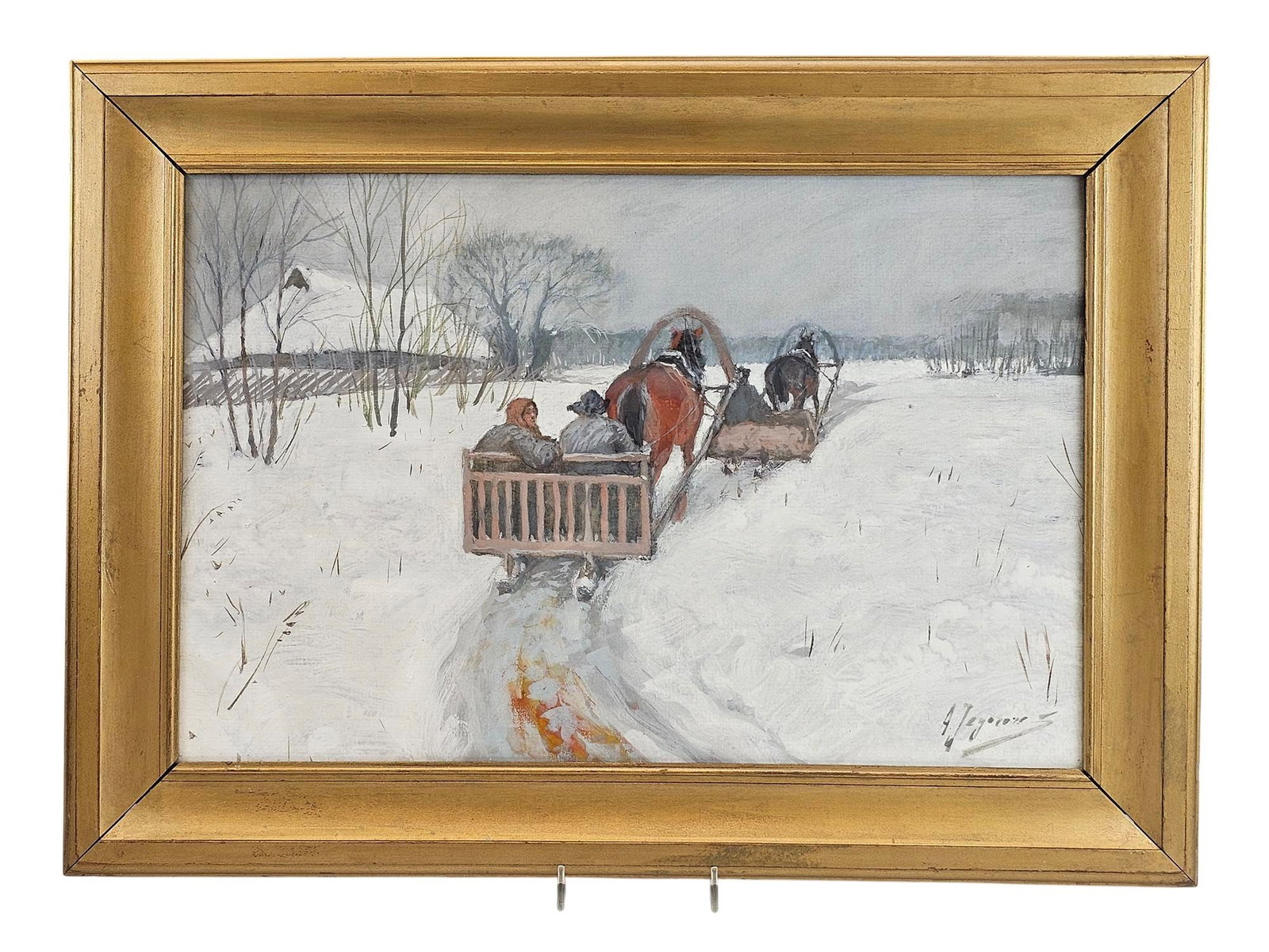 ANDREI EGOROV RUSSIAN WINTER LANDSCAPE PAINTING: Andrei Egorov (Russian, 1878-1954). Tempera painting on cardboard. The artwork depicts a winter landscape featuring two horses drawing sleighs through the snow-covered scenery. Dated ca. 1920s. Signed