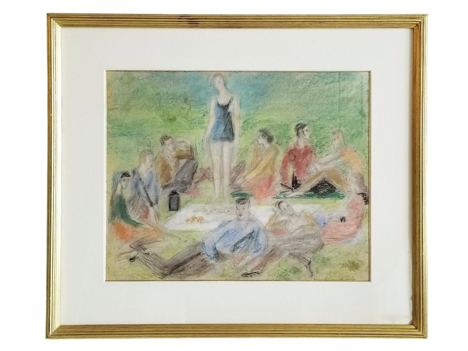 RUSSIAN SOVIET ERA PAUL ALEXIS ARAPOFF PASTEL PAINTING: This original early 20th-century pastel on paper is by Russian-American artist Prince Paul Alexis Arapoff (1904-1948). The impressionistic composition depicts a serene picnic scene with a group of fig