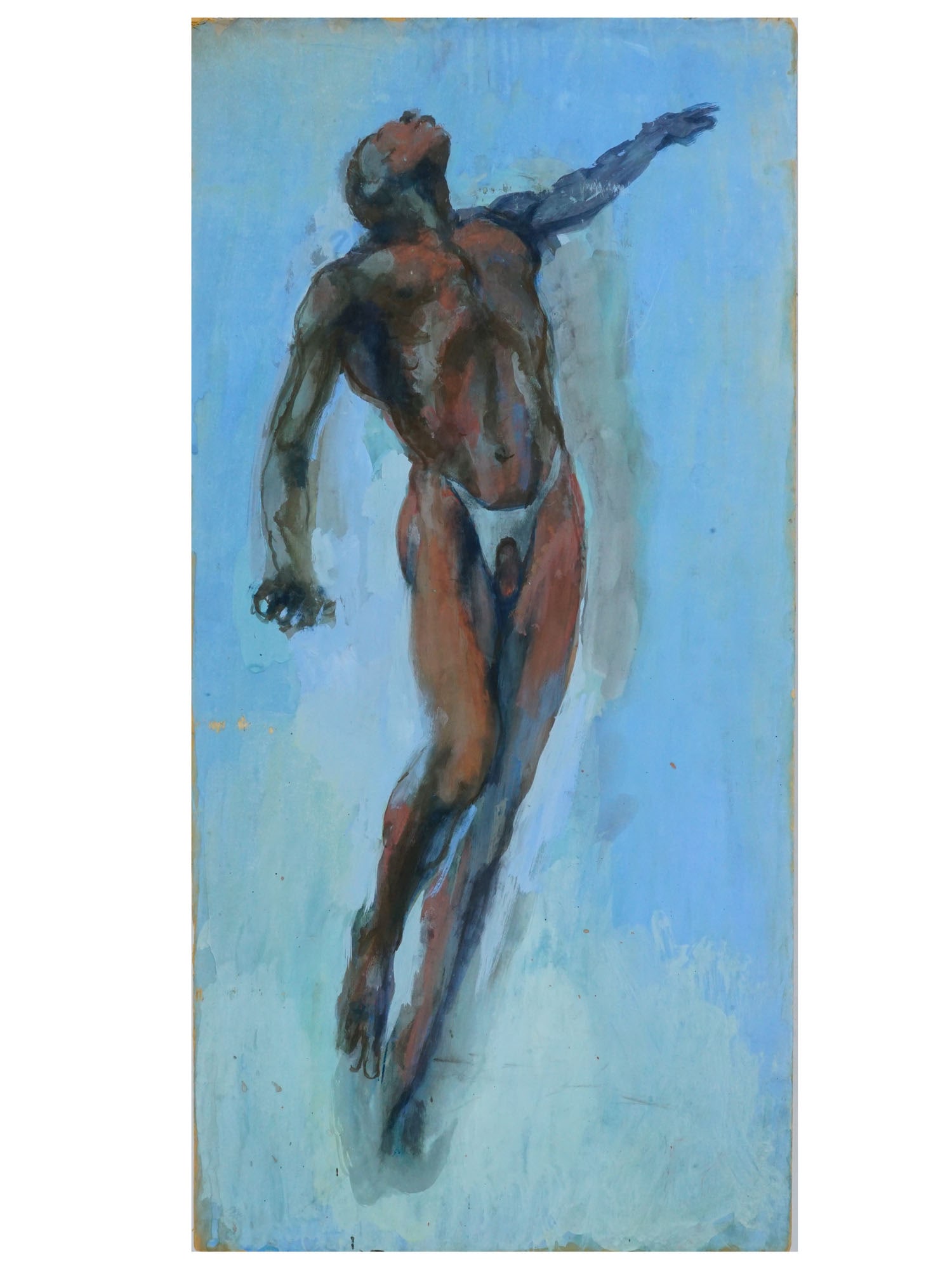 PAVEL TCHELITCHEW MIXED MEDIA PAINTING OF A MALE FIGURE: A monumental and dramatic mixed media painting (likely gouache and wash) by Russian-American Neo-Romantic master Pavel Tchelitchew (1898-1957). The large-scale composition features a heavily foreshort