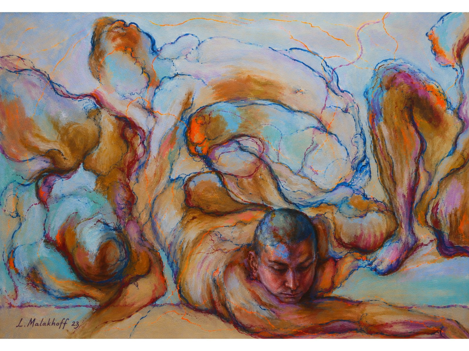 LANA MALAKHOFF OUT OF CROWD OIL PAINTING: This original monumental oil on canvas painting by contemporary artist Lana Malakhoff, titled Out of Crowd and dated 2023, features a complex, fluid arrangement of layered figurative forms rendered in