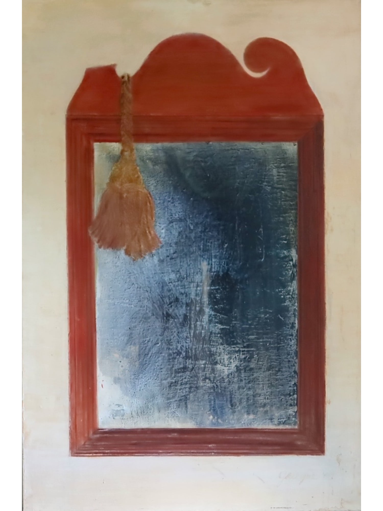 VLADIMIR GRIGOROVICH RUSSIAN AMERICAN PAINTING MIRROR: This original oil on canvas painting by Russian-American artist Vladimir Grigorovich (1939-2023), titled Mirror (Red Frame) and dated 2002, depicts a centrally positioned looking glass with a prominen