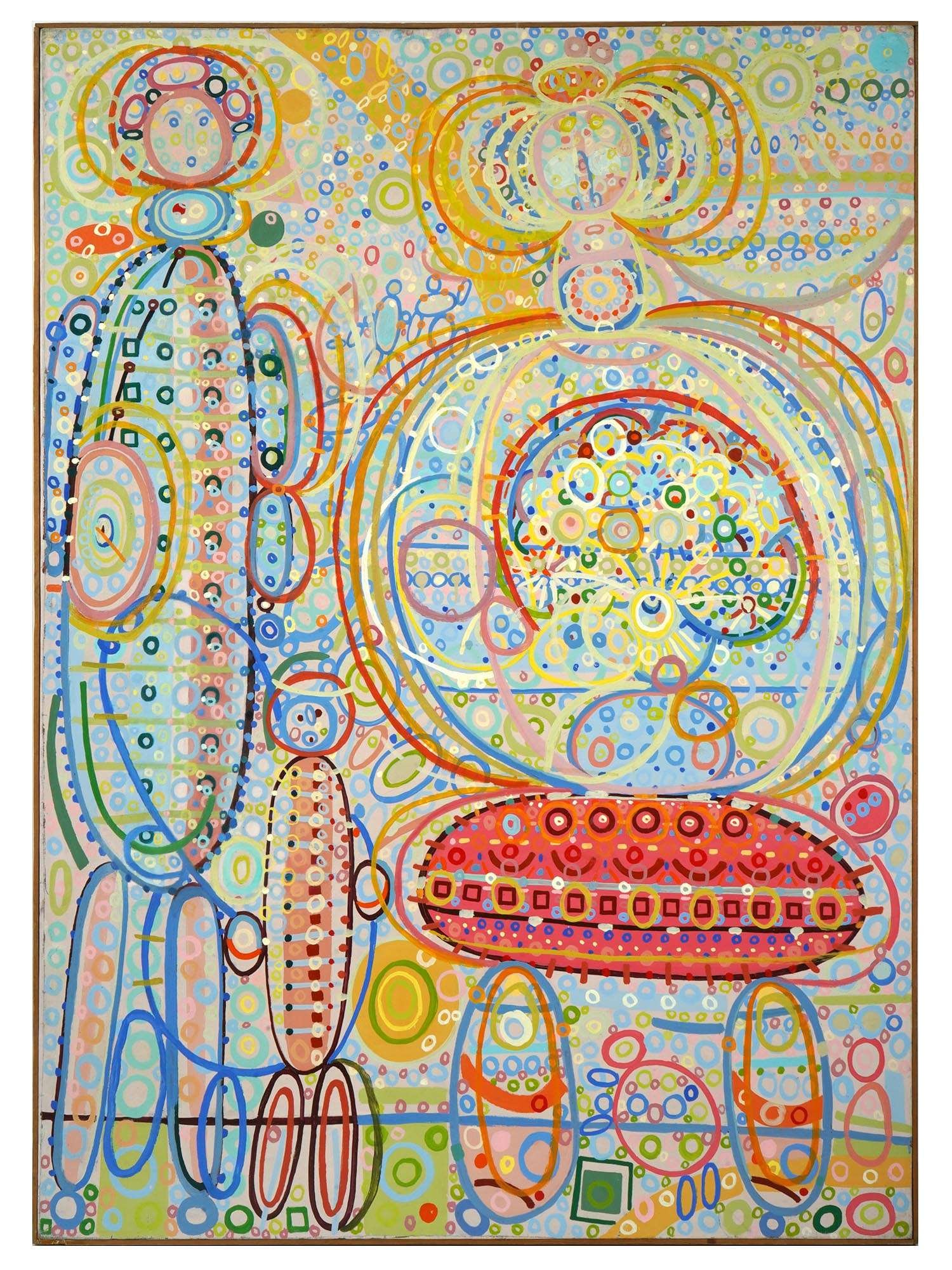 ALEXANDER NEY ABSTRACT GEOMETRIC FIGURAL PAINTING, 1992: A vibrant and hypnotic oil on canvas by Russian-American contemporary artist Alexander Ney. Executed in his signature geometric style, the composition is built entirely of concentric circles, dots, an