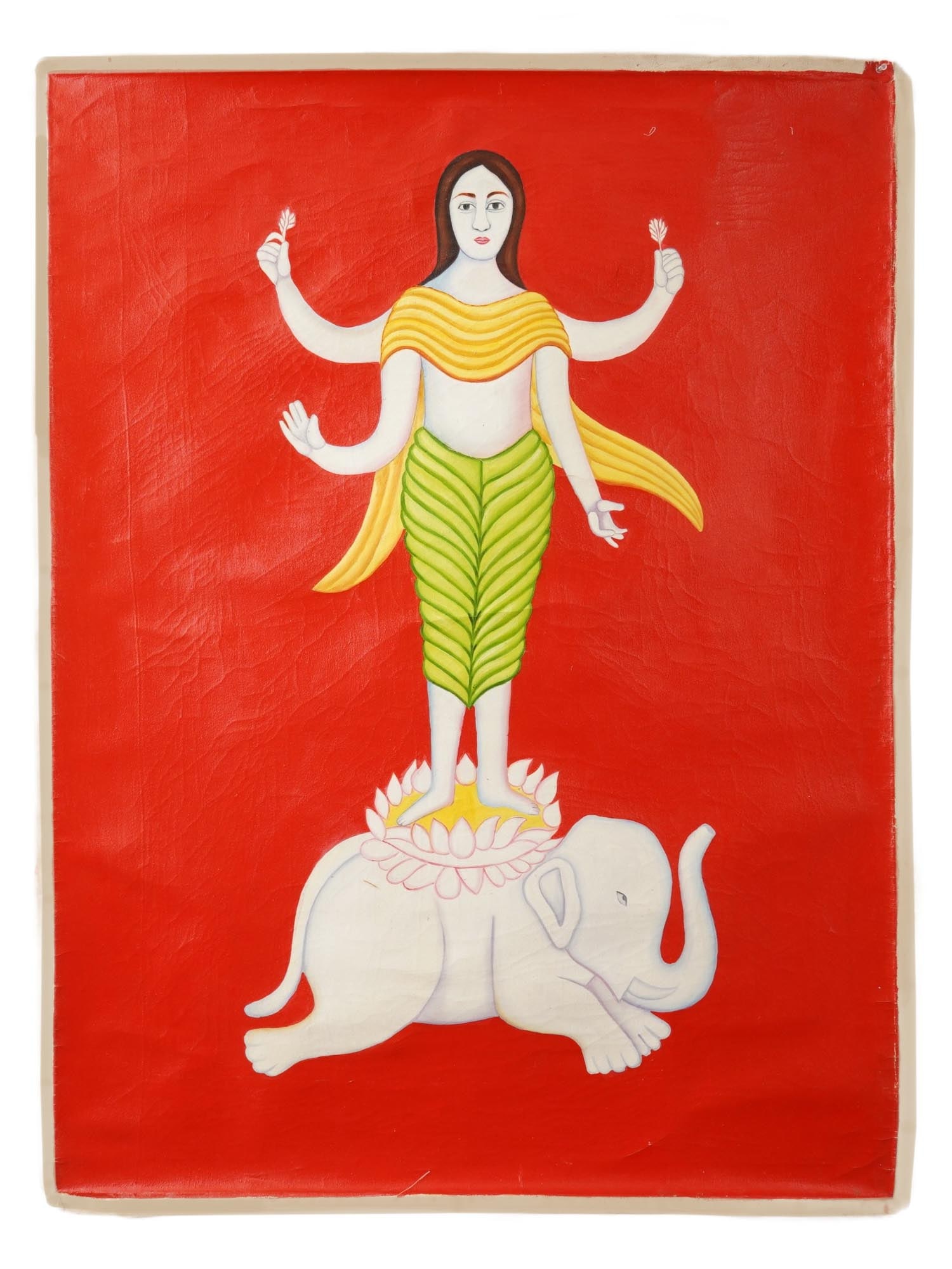 AFTER MANJIT BAWA INDIAN DEITY OIL ON CANVAS PAINTING: A vibrant, modern oil on canvas executed in the unmistakable manner of contemporary Indian master Manjit Bawa. The composition features a four-armed deity standing upon a pink lotus flower, carried by