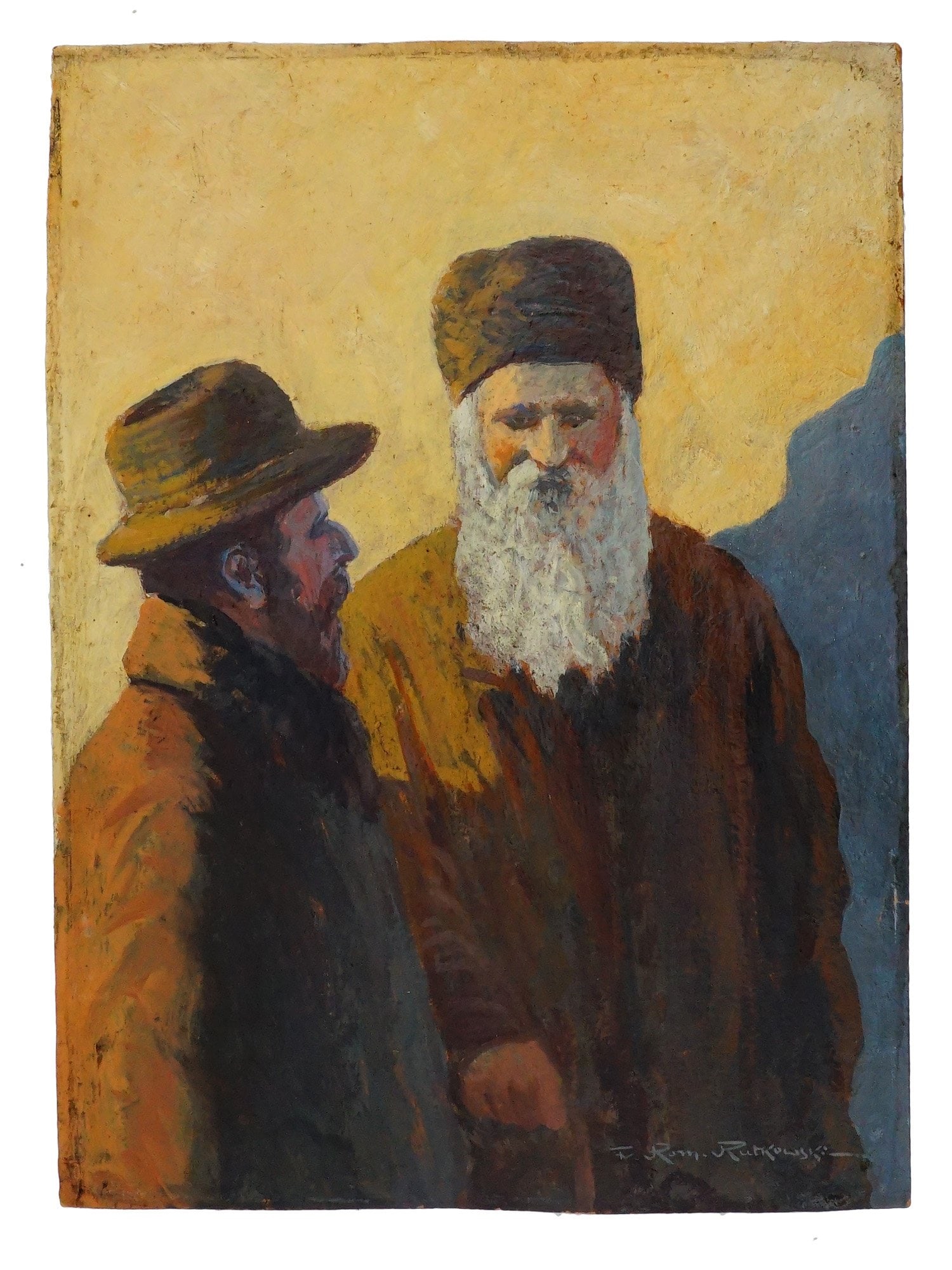 F. ROMAN RUTKOWSKI TWO ELDERS OIL ON CARDBOARD PAINTING: An evocative, original oil on cardboard genre painting by listed Polish artist Franciszek Roman Rutkowski. Executed in a loose, post-impressionist style with an earthy palette, the portrait depicts tw