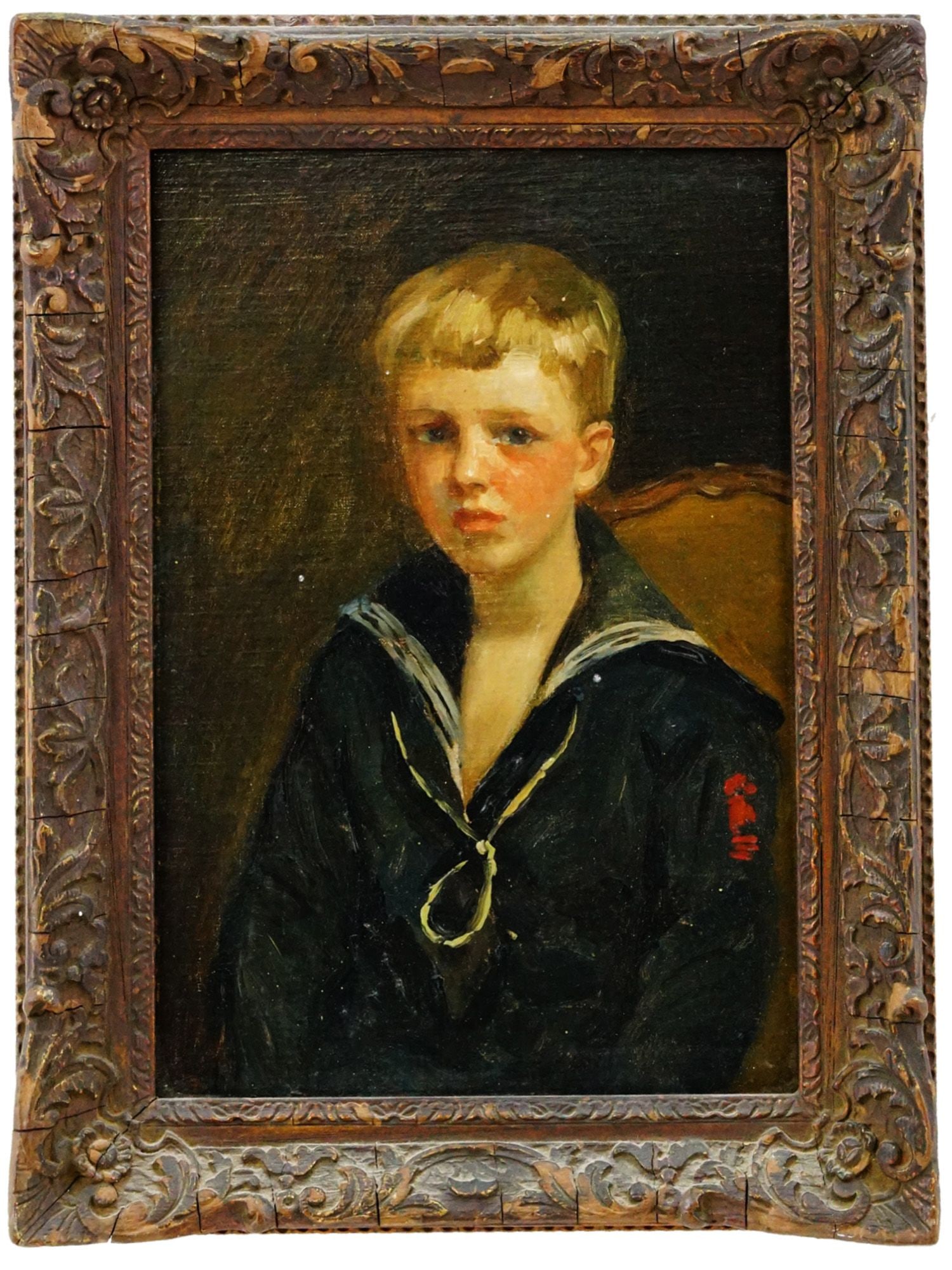 PIERRE TROUBETZKOY AMERICAN PORTRAIT OF A BOY OIL PAINTING: An endearing original oil on canvas portrait by Russian-American aristocrat and artist Prince Pierre Troubetzkoy. Executed in 1912, the painting depicts a young boy, identified as Jack Beresford, wear