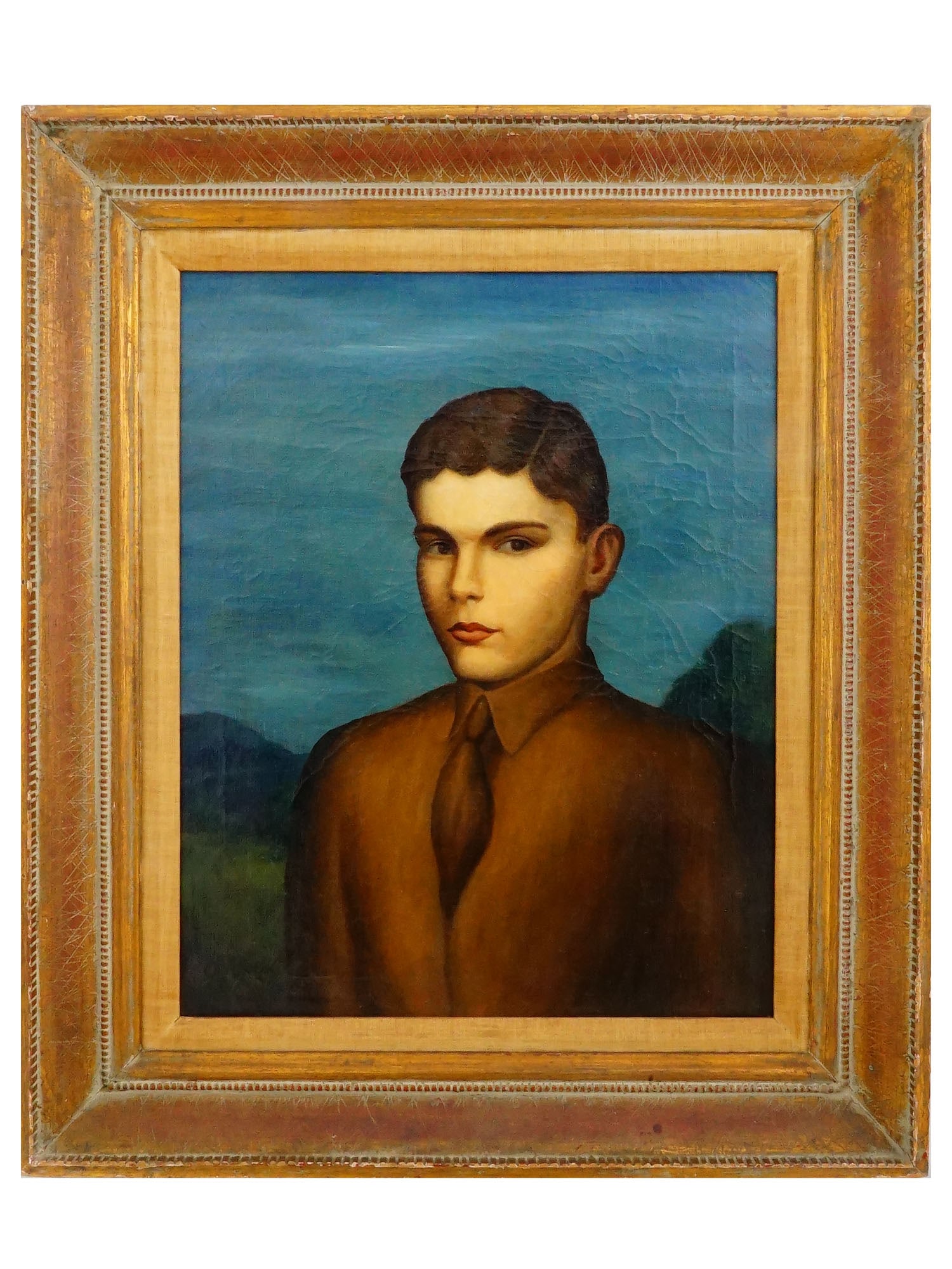 PAUL MELTSNER AMERICAN MALE PORTRAIT OIL PAINTING: Paul Meltsner (American, 1905-1966). Oil painting on canvas. Portrait of a young man against a landscape scenery. Titled 'Portrait of a Youth'. Dated ca. 1940. Signed lower left. Framed. Born in Ne