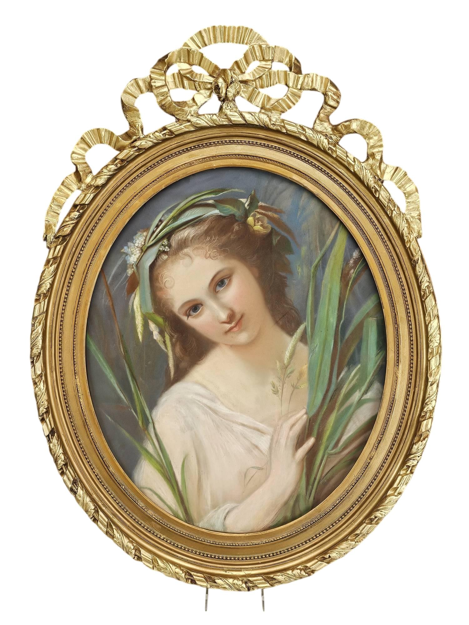ALPHONSE GIROUX FRENCH GOUACHE PORTRAIT PAINTING OF A MAIDEN: A beautifully executed 19th-century French gouache on canvas portrait of a young maiden. The romantic composition features the subject draped in a soft white classical gown, adorned with a floral and 