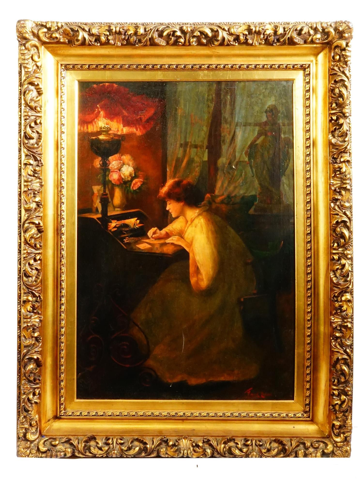 FRANK ENDERS INTERIOR OIL ON CANVAS PAINTING: A moody and atmospheric oil on canvas interior genre scene by listed American artist Frank Enders (1860-1921). The composition features a young woman seated at a drop-front secretary desk, writing a l