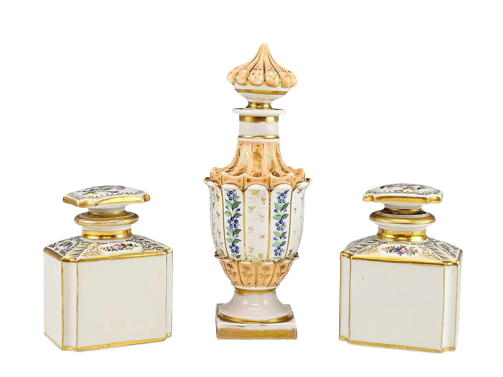 ANTIQUE FRENCH SEVRES STYLE PORCELAIN PERFUME BOTTLES: A group of three antique French Sevres-style porcelain perfume bottles with stoppers. Dated 19th century. The taller bottle has an elegant shape with fluted elements and is adorned with floral and ber