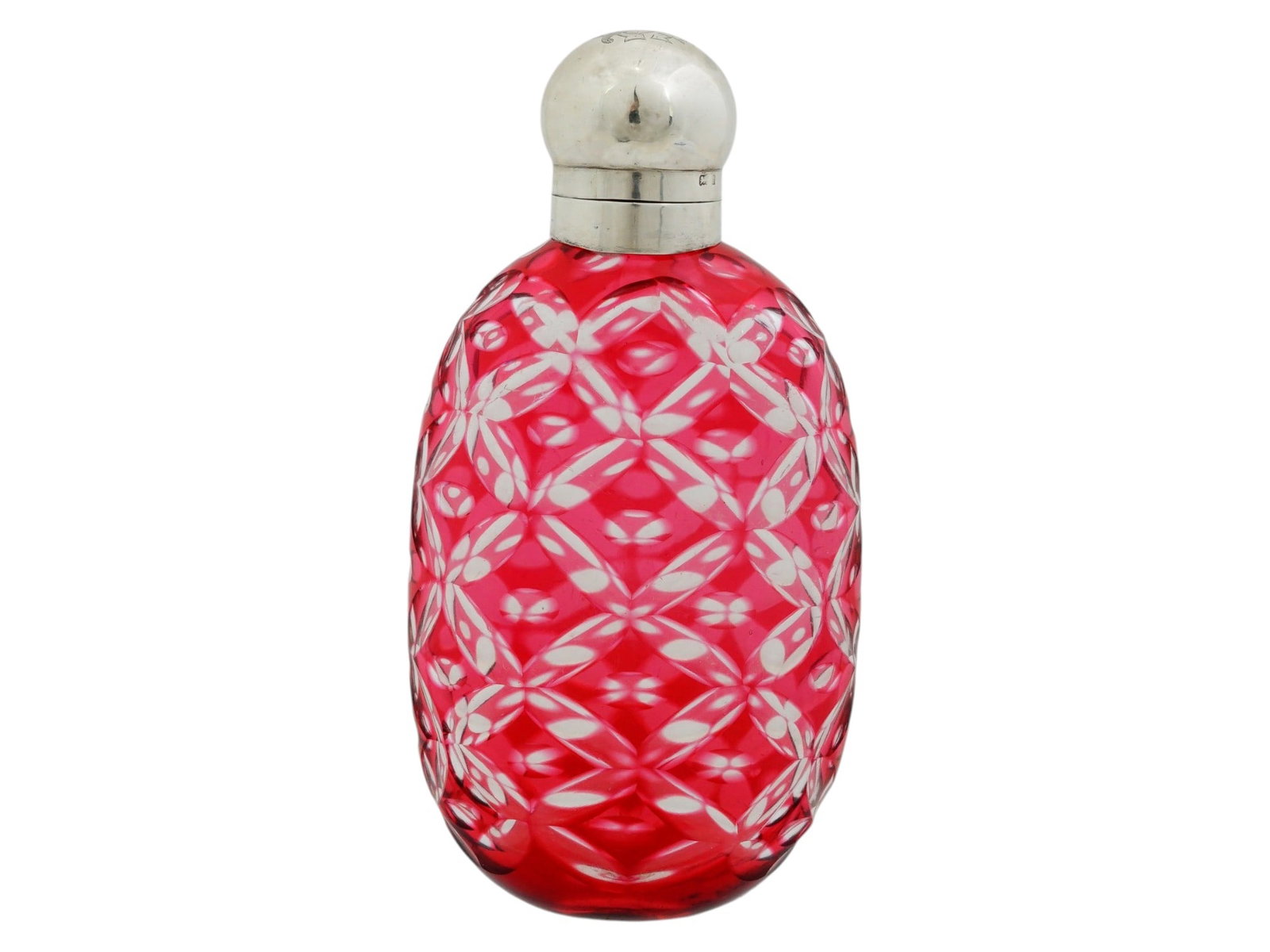 ENGLISH STERLING SILVER AND CRANBERRY CUT GLASS FLASK (1 of 12)