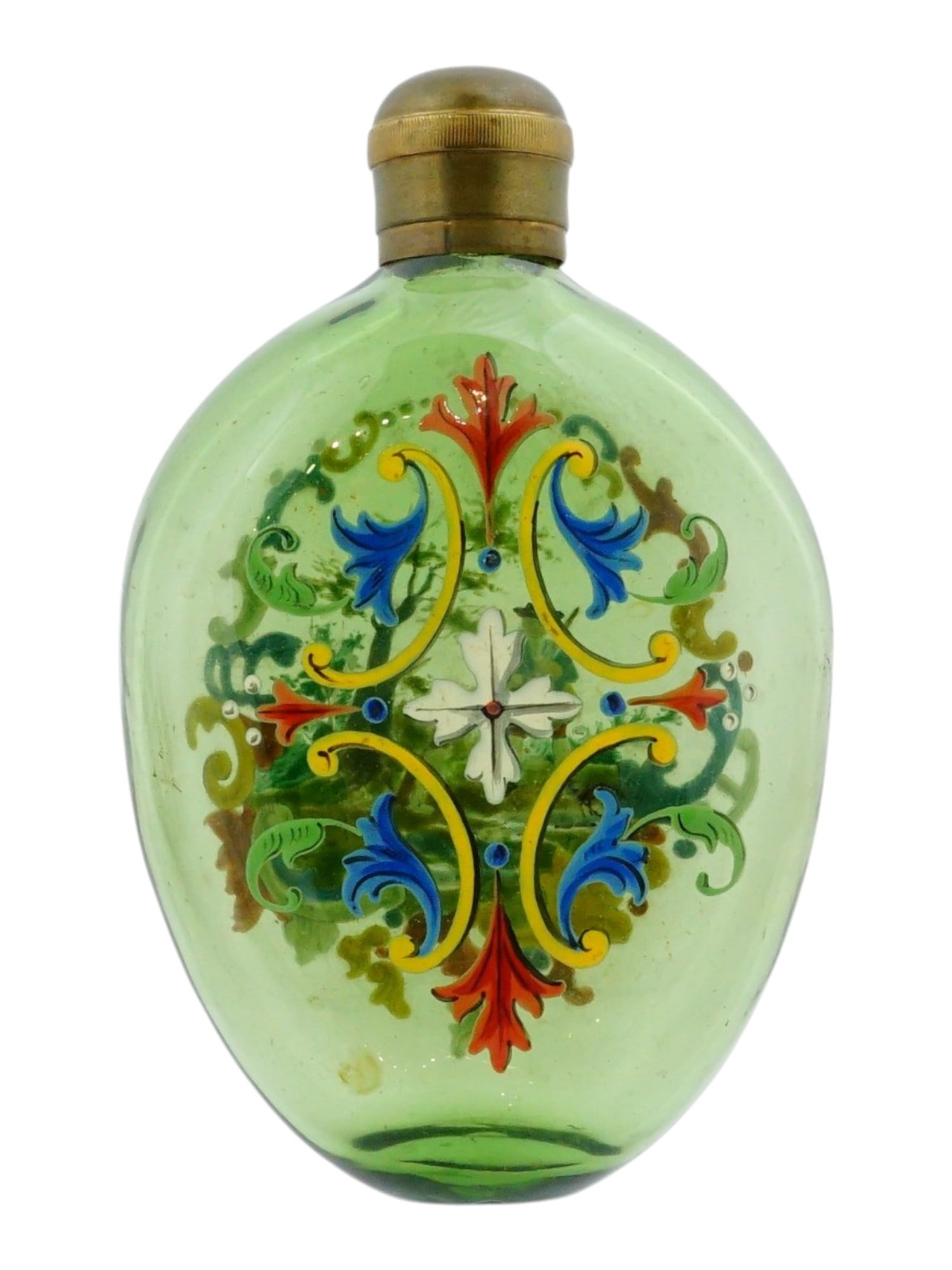 ANTIQUE DUTCH ENAMELED GREEN GLASS HUNTING FLASK (1 of 9)