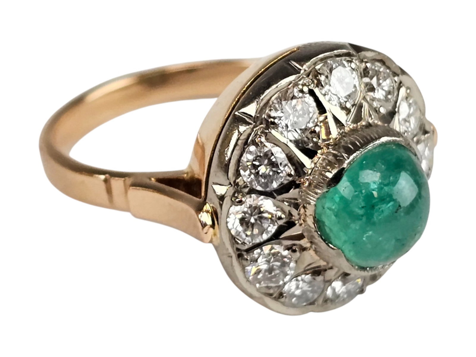 UKRANIAN SOVIET ERA 14K GOLD EMERALD DIAMOND RING: A vintage Ukranian Soviet era 14K yellow gold ring featuring a cabochon-cut emerald measuring approximately 2.0 carats, surrounded by 12 diamonds with a total estimated weight of approximately 1.2 car