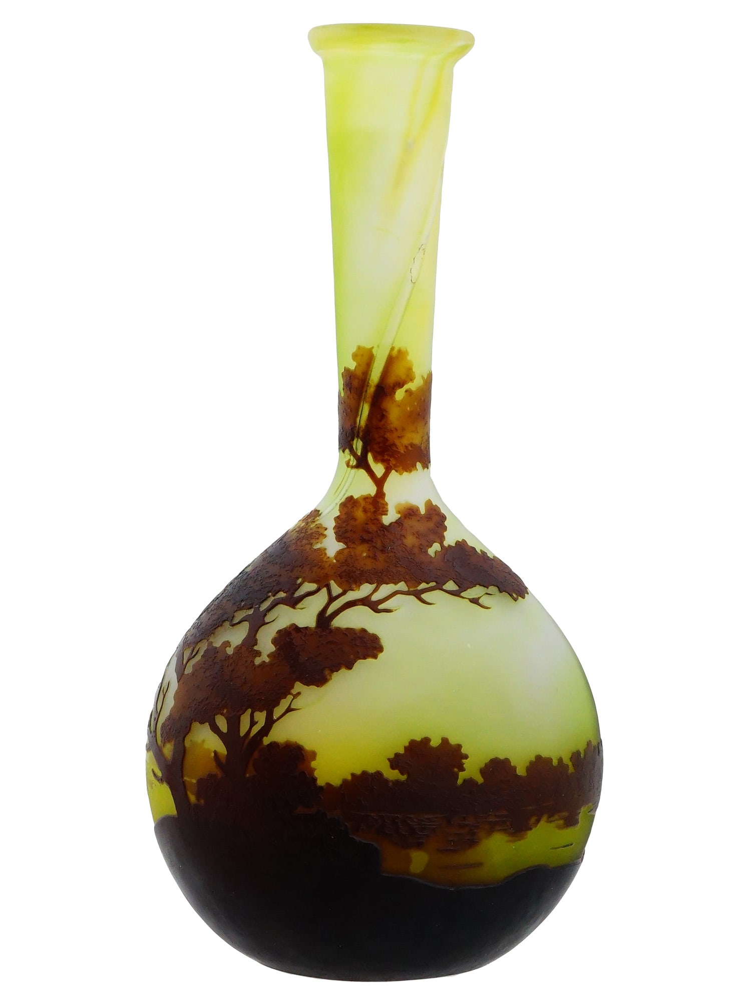 FRENCH ART NOUVEAU GALLE LANDSCAPE CAMEO GLASS VASE: An antique French Art Nouveau cameo glass vase by Emile Galle. Dated late 19th to early 20th century. Flattened round shape with long neck. The vase is decorated with a lake landscape in yellow-green 