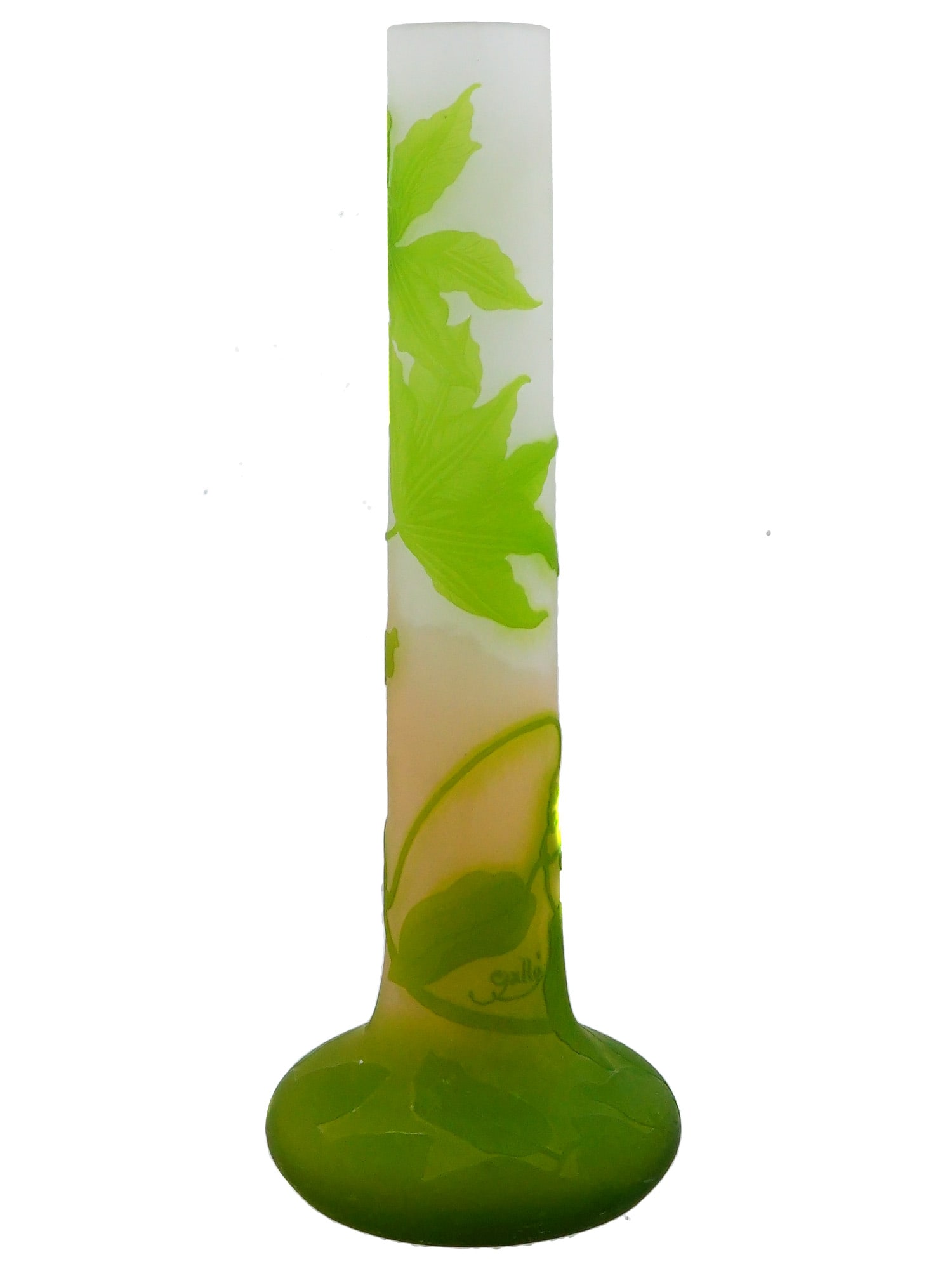 GALLE ART NOUVEAU CAMEO GLASS LEAF VASE: A tall and elegant French Art Nouveau cameo glass vase by Cristallerie Galle, dating to the early 20th century (circa 1910-1920s). The "stick" form vase features a long, tubular neck that flares into 