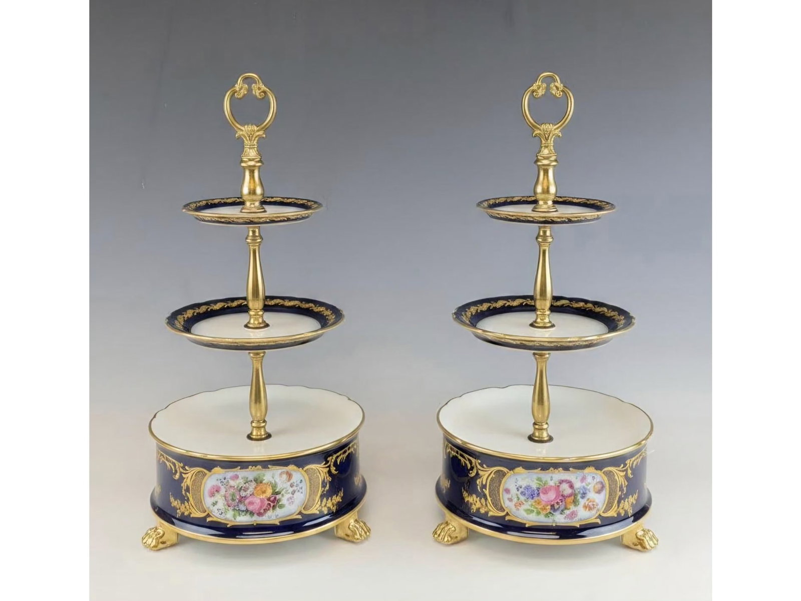 PAIR ANTIQUE OLD PARIS PORCELAIN THREE-TIER DESSERT ETAGERES (1 of 9)