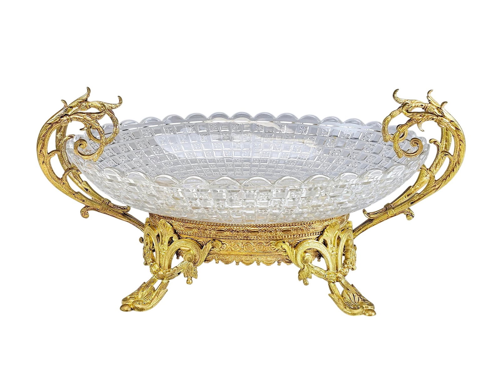 ANTIQUE VAL SAINT LAMBERT GILT CRYSTAL CENTERPIECE: A large antique centerpiece with a cut crystal bowl by Val Saint Lambert. Dated late 19th century. Exquisite ornate gilt bronze footed base with double twin handles. The bowl is removable from the mou