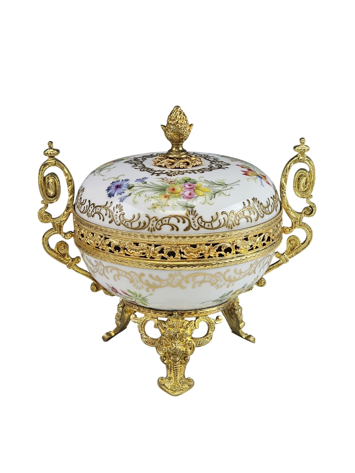 ANTIQUE FRENCH SEVRES DEPOSE PORCELAIN GILT BRONZE BOWL: This exquisite antique French covered bowl features fine white porcelain hand-painted with delicate polychrome floral sprays and accented by intricate raised gold scrollwork. The vessel is elegantly h