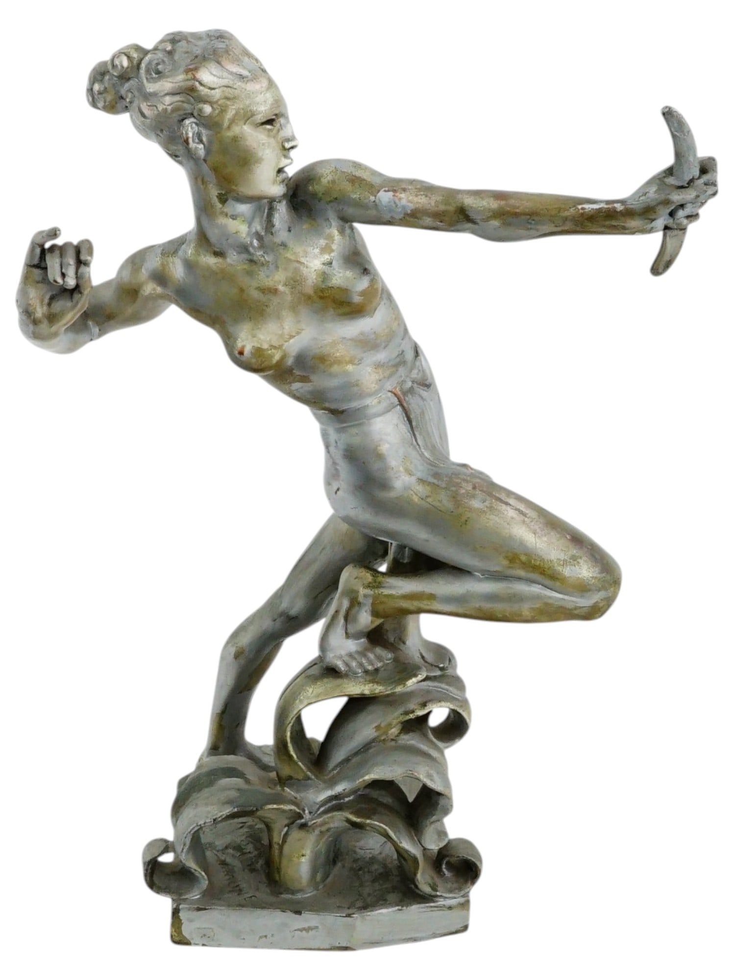 EDGARDO SIMONE ART DECO PLASTER FIGURINE OF DIANE: Edgardo Simone (Italian-American, 1890-1958). Silvered plaster sculpture of Diana, the Roman goddess of hunters, countryside, and the Moon. Diana is gracefully perched amongst grass, a strung bow in h