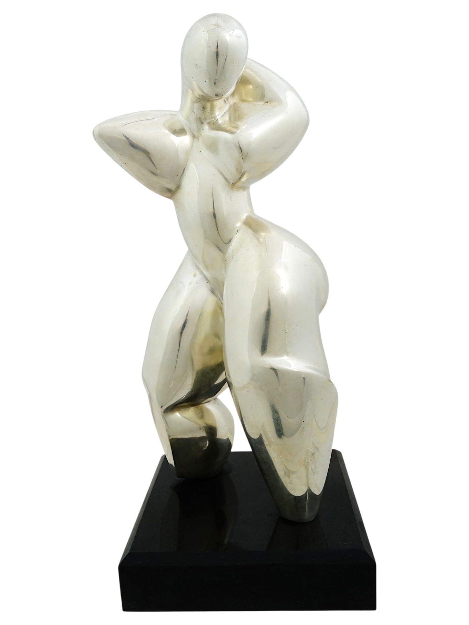 AFTER RENE POLLES SILVERED BRONZE NUDE SCULPTURE: A striking, highly polished silvered bronze sculpture after the work of French artist Rene Polles (b. 1936). The work features Polles's signature stylized, abstract interpretation of the female nude, 