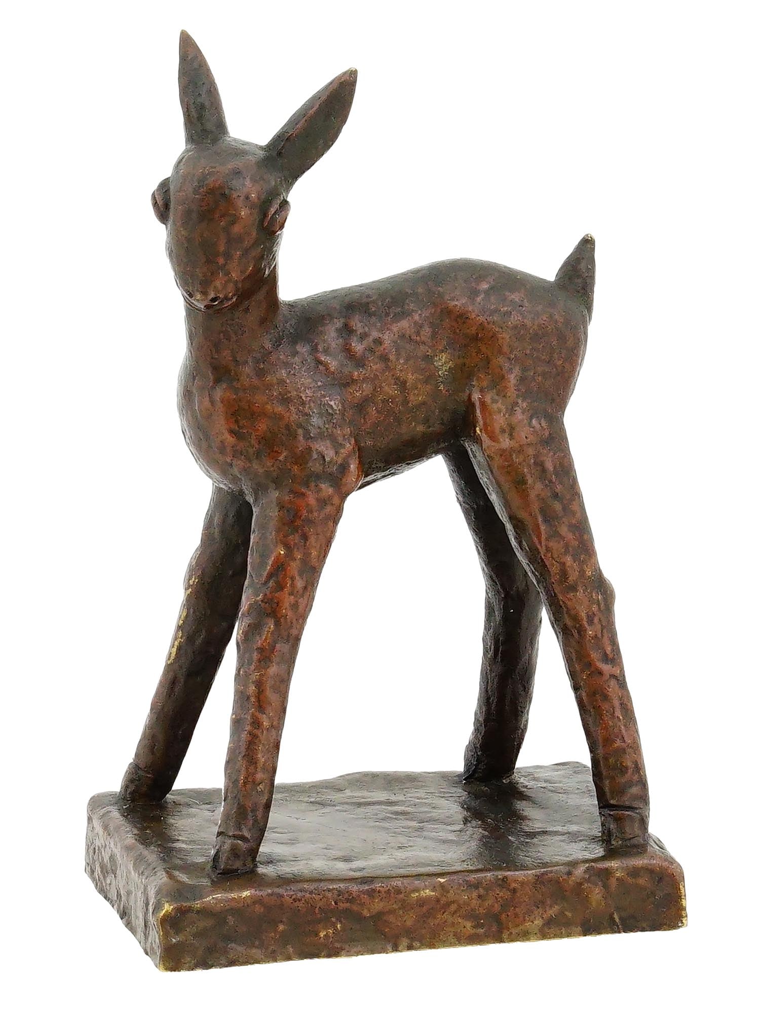 HEINZ WARNEKE BRONZE NEWBORN LAMB SCULPTURE: A charming, modernist bronze sculpture of a standing lamb by German-American artist Heinz Warneke. Executed in his signature stylized aesthetic, the sculpture captures the awkward grace of a newborn a