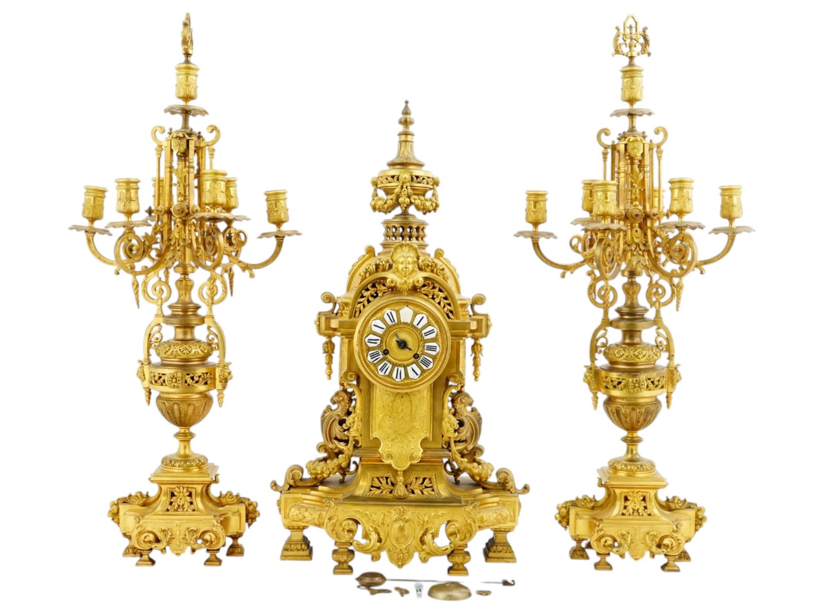 FRENCH LOUIS XVI STYLE GILT BRONZE CLOCK GARNITURE (1 of 9)