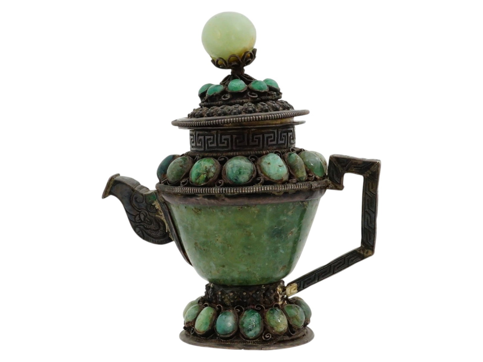 ANTIQUE 19TH C TIBETAN JADE AND SILVER TEAPOT: A traditional antique Tibetan silver teapot or ewer with jade encrustation. Dated mid to late 19th century. Jade body and multiple bands of large jade cabochons, as well as a ball finial on the lid. E