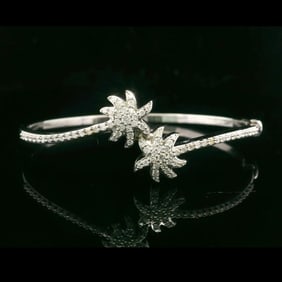 14k White Gold and 1cttw Diamond Bypass Palm Tree Bangle Bracelet 6.75"