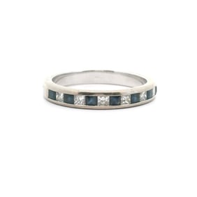 14k White Gold Blue Sapphire and Diamond Band Ring Size 7.25