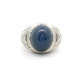 14k White Gold Blue Star Sapphire and Diamond Men's Vintage Ring Size 8.5