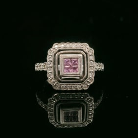 14k White Gold Pink Sapphire and Diamond Vintage Ladies Ring Size 4.25