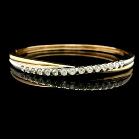14k Yellow and White Gold Heavy 1cttw Diamond Crossover Bangle 7"