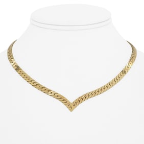 14k Yellow Gold Solid Vintage Herringbone V Link Necklace Italy 16"