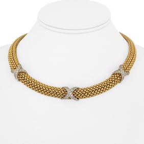 14k Yellow Gold Heavy Mesh Link and Diamond X Station Necklace 16.5"