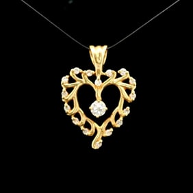 14k Yellow Gold and 0.65cttw Diamond Fancy Heart Pendant 1.2"