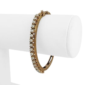 14k Yellow Gold and Pearl Solid Vintage Bangle Bracelet 6.5"