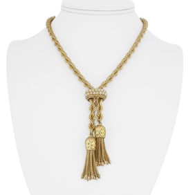 14k Yellow Gold and Pearl Solid Heavy Lariat Tassel Rope Necklace 16"