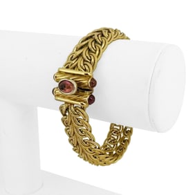 14k Yellow Gold and Tourmaline Vintage Woven Link Bracelet Italy 7"