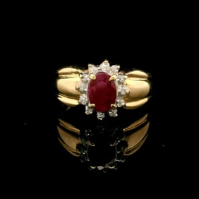 14k Yellow Gold Ruby and Diamond Ladies Vintage Halo Ring Size 4.75