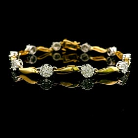 14 Yellow and White Gold Vintage 2cttw Diamond Floral Link Bracelet 7"