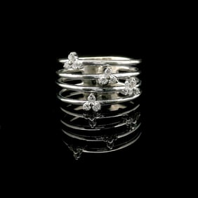 18k White Gold and Diamond Four Band Floral Ring Size 7