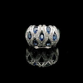 18k White Gold Blue Sapphire and Diamond Ladies Ring Size 6.75