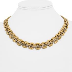 18k Yellow and White Gold Solid Heavy Graduated Fancy Link Necklace 17"