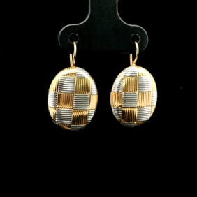 18k Yellow and White Gold Checkered Button Dangle Earrings 1"