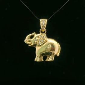 18k Yellow Gold and Diamond Solid Heavy Elephant Pendant 1"
