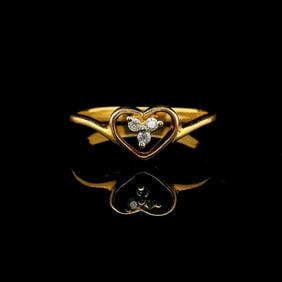 18k Yellow Gold and Diamond Vintage Floral Heart Ring Size 7