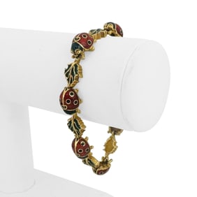 18k Yellow Gold and Enamel Solid Ladybug Leaf Link Bracelet 7"