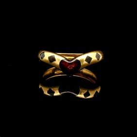 18k Yellow Gold and Red Enamel Vintage UnoAErre Band Ring Italy Size 7